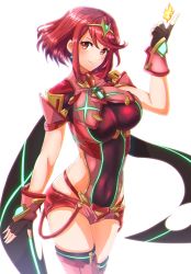 Rule 34 | 1girl, black gloves, breasts, chest jewel, earrings, fingerless gloves, gloves, highres, jewelry, large breasts, pyra (xenoblade), red eyes, red hair, red shorts, short hair, short shorts, shorts, solo, swept bangs, thighhighs, tiara, to (tototo tk), xenoblade chronicles (series), xenoblade chronicles 2