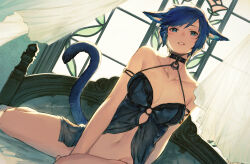 Rule 34 | 1girl, animal ears, aqua eyes, babydoll, bare shoulders, bed, black choker, blue hair, breasts, cat ears, cat tail, choker, collarbone, curtains, final fantasy, final fantasy xiv, herayoshi, highres, indoors, large breasts, looking at viewer, miqo&#039;te, navel, nightgown, on bed, parted lips, short hair, sitting, solo, stomach, tail, warrior of light (ff14), window