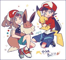 Rule 34 | 1boy, 1girl, :3, artist name, auko, backpack, bag, baseball cap, black footwear, black shirt, blue eyes, blue shorts, blush stickers, border, brown eyes, brown hair, chase (pokemon), color guide, creatures (company), eevee, elaine (pokemon), full body, game freak, gen 1 pokemon, green shorts, happy, hat, holding, holding pokemon, looking at another, looking at viewer, matching hair/eyes, nintendo, open mouth, paw print, pikachu, poke ball symbol, poke ball theme, pokemon, pokemon (creature), pokemon lgpe, ponytail, purple border, red eyes, red footwear, red hat, red shirt, shirt, shoes, short hair, short shorts, short sleeves, shorts, signature, simple background, smile, teeth, white background