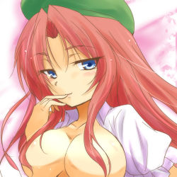 Rule 34 | 1girl, blush, breasts, censored, convenient censoring, female focus, hair censor, hair over breasts, hong meiling, large breasts, long hair, red hair, smile, solo, touhou, urutsu sahari
