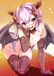 Rule 34 | 1girl, absurdres, bat wings, betoko, black wings, blush, breasts, chinese zodiac, cleft of venus, crawling, demon girl, demon horns, demon tail, demon wings, elbow gloves, fang, female focus, full body, gloves, gluteal fold, gradient background, groin, hair between eyes, harigane shinshi, heart, heart-shaped pupils, highres, horns, kneeling, looking at viewer, new year, nipples, nude, open mouth, original, pointy ears, pussy, silver hair, small breasts, smile, solo, symbol-shaped pupils, tail, thigh gap, thighhighs, thighs, uncensored, wings, year of the pig