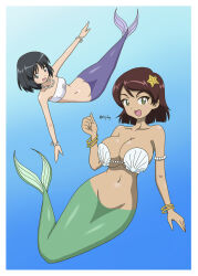 Rule 34 | 10 ji lay, 2girls, absurdres, bandeau, black hair, blue eyes, blush, breasts, brown hair, cleavage, girls und panzer, green eyes, highres, jewelry, large breasts, mermaid, monster girl, multiple girls, navel, necklace, shell, shell bikini, short hair, small breasts, tristana (girls und panzer), white bandeau