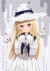 Rule 34 | 1girl, blonde hair, candle wax, earrings, english text, floating, floating object, ghost, halloween, highres, jewelry, long hair, looking at viewer, melting, mirai (mirai76 ), open mouth, original, red eyes, single earring, trick or treat, white headwear