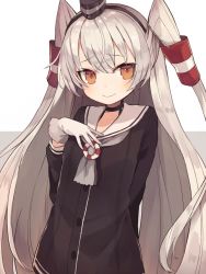 Rule 34 | 10s, 1girl, amatsukaze (kancolle), arm behind back, blush, brown eyes, closed mouth, dress, gloves, grey hair, grey neckerchief, hair tubes, hand on own chest, hat, kantai collection, long hair, looking at viewer, neckerchief, sailor dress, shugao, smile, solo, two side up, very long hair, white gloves