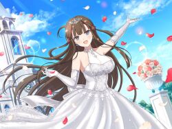 Rule 34 | + +, 1girl, arm up, bare shoulders, blue eyes, blue gemstone, blue sky, blush, bow, breasts, bride, brown hair, building, chinese knot, church, cleavage, collar, collarbone, day, dress, earrings, elbow gloves, falling petals, flower, flower-shaped pupils, frilled dress, frilled gloves, frills, gem, gloves, hair ornament, hand up, holding, holding petal, jewelry, lace, lace-trimmed dress, lace trim, large breasts, leaf, lens flare, long hair, looking at viewer, multicolored hair, official alternate costume, official art, open mouth, outdoors, petals, pillar, raised eyebrows, red flower, red hair, red rose, rose, see-through, see-through cleavage, senran kagura, senran kagura new link, sky, sleeveless, sleeveless dress, smile, solo, stained glass, steeple, streaked hair, symbol-shaped pupils, tiara, toki (senran kagura), tree, waist bow, wedding dress, white dress, white flower, white gloves, white rose, window, yaegashi nan