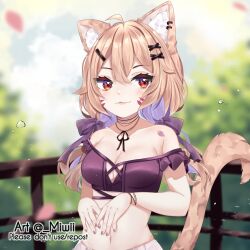 Rule 34 | 1girl, :3, ahoge, animal ears, bare shoulders, blonde hair, bow, breasts, cat ears, cat tail, choker, cleavage, commentary, crop top, english commentary, facial mark, hair bow, hair ornament, hairclip, long hair, looking at viewer, medium breasts, midriff, miwiichi, nail polish, navel, off-shoulder shirt, off shoulder, purple bow, purple nails, purple shirt, railing, red eyes, shirt, short sleeves, shyrei faolan, smile, solo, stomach, tail, upper body, virtual youtuber, vyugen, whisker markings