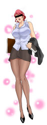 Rule 34 | 1girl, bar censor, book, censored, high heels, office lady, open mouth, pantyhose, pink hair, simple background, solo, white background, xiao7xi