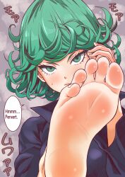 Rule 34 | 1girl, asikoma7777, barefoot, blush, english text, feet, fingernails, foot focus, green eyes, green hair, highres, looking at viewer, one-punch man, simple background, soles, solo, speech bubble, sweatdrop, tatsumaki, toenails, toes