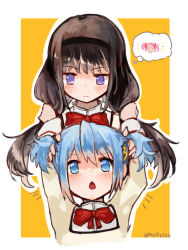 Rule 34 | 2girls, :o, akemi homura, black hair, black headwear, blue eyes, blue hair, blush, bow, bowtie, hair ornament, hairband, hairclip, highres, kaname madoka, long hair, long sleeves, looking at another, mahou shoujo madoka magica, mahou shoujo madoka magica (anime), miki sayaka, mitakihara school uniform, multiple girls, mzk0526, notice lines, open mouth, pink hair, playing with another&#039;s hair, purple eyes, ribbon, school uniform, short hair, simple background, smile, thought bubble, twintails, twitter username, white background, yellow background