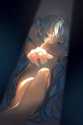 Rule 34 | 1girl, aqua eyes, blue hair, blurry, chi chi3939, commentary, completely nude, convenient leg, covered mouth, depth of field, english commentary, feet out of frame, foot up, from y to y (vocaloid), glint, grey background, hatsune miku, highres, jewelry, light particles, long hair, looking at viewer, lying, mixed-language commentary, nude, on back, outstretched arm, reaching, reaching towards viewer, ring, shy, sitting, solo, sunlight, very long hair, vocaloid