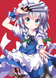 Rule 34 | 1girl, :o, apron, black bow, black bowtie, blue dress, blush, bow, bowtie, braid, cowboy shot, dress, grey hair, highres, holding, holding knife, holster, izayoi sakuya, knife, looking at viewer, maid, maid apron, maid headdress, medium hair, one-hour drawing challenge, puffy short sleeves, puffy sleeves, red eyes, ruu (tksymkw), shirt, short sleeves, solo, thigh holster, thigh strap, thighs, touhou, twin braids, waist apron, waist bow, white apron, white bow, white shirt, white wristband, wristband