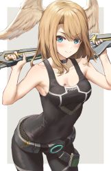 Rule 34 | 1girl, arms behind head, asymmetrical bangs, athenawyrm, black bodysuit, black choker, blue eyes, blush, bodysuit, breasts, brown hair, chest tattoo, choker, cleavage, closed mouth, collarbone, eunie (xenoblade), feathered wings, gun, head wings, highres, holding, holding gun, holding weapon, large breasts, leaning forward, long hair, looking at viewer, rifle, smile, solo, tattoo, two-tone background, weapon, white wings, wings, xenoblade chronicles (series), xenoblade chronicles 3