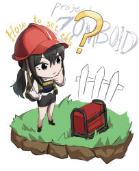 Rule 34 | 1girl, ?, absurdres, backpack, bag, black footwear, black hair, black skirt, blue eyes, bulletproof vest, closed mouth, collared shirt, copyright name, english text, engrish text, fence, generator, grass, hair between eyes, hair tie, hand on own chin, hard hat, helmet, highres, long sleeves, picket fence, ponytail, project zomboid, ranguage, rasprrybe, red headwear, shirt, skirt, solo, standing, vest, white shirt, wooden fence