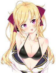 Rule 34 | 1girl, :3, :d, ahoge, antenna hair, bad id, bad twitter id, bare shoulders, bikini, bikini top only, black bikini, blazer, blonde hair, blush, bow, breasts, cleavage, commentary, ears visible through hair, hair bow, halterneck, head tilt, highres, itou ayachi, jacket, long hair, looking at viewer, medium breasts, nijisanji, nose blush, open mouth, pink eyes, school uniform, simple background, smile, solo, swimsuit, takamiya rion, twintails, undressing, upper body, virtual youtuber, white background, white jacket