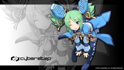 Rule 34 | :p, aqua hair, bent over, blue eyes, c.s., cosmic break, hair ornament, hair ribbon, highres, official art, official wallpaper, one eye closed, ribbon, skirt, solo, thighhighs, tongue, tongue out, twintails, wakaba sprout, wallpaper, wink, zoom layer