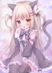 Rule 34 | 1girl, animal ears, arm between breasts, between breasts, blonde hair, blush, bow, bowtie, breasts, cat ears, cat girl, cat tail, collared dress, cross, detached sleeves, dress, fang, frilled dress, frilled shirt collar, frills, hair ornament, hanasakichu, hand on own cheek, hand on own face, heart, heart hair ornament, heterochromia, highres, long hair, looking at viewer, open mouth, original, pillow, pink eyes, pom pom (clothes), pom pom hair ornament, sitting, small breasts, solo, string of flags, tail, tail ornament, thighhighs, two side up, very long hair, yellow eyes