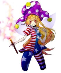 Rule 34 | 1girl, american flag dress, american flag legwear, bad id, bad twitter id, blonde hair, clownpiece, cropped legs, dress, fairy wings, fire, hat, holding, jester cap, licking lips, long hair, looking at viewer, microdress, neck ruff, pantyhose, polka dot, purple hat, red eyes, shishitori, short sleeves, simple background, smile, solo, standing, star (symbol), star print, striped clothes, striped dress, striped pantyhose, tongue, tongue out, torch, touhou, very long hair, white background, wings
