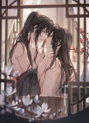 Rule 34 | 2boys, artist name, back, bare shoulders, bishounen, black hair, black robe, blurry, blurry foreground, blush, branch, brown eyes, chinese clothes, collarbone, commentary request, curtains, depth of field, eye contact, flower, grey eyes, hair between eyes, hair ribbon, hands on another&#039;s face, hands up, hanfu, high ponytail, imminent kiss, indoors, lan wangji, lattice, long hair, looking at another, male focus, modao zushi, multiple boys, open mouth, parted bangs, parted lips, plant, plum blossoms, ponytail, profile, red flower, red ribbon, ribbon, robe, scar, scar on back, sidelocks, smile, table, tassel, topless, topless male, twitter username, usagishi, vase, watermark, wei wuxian, wet, wet hair, white flower, white ribbon, window, yaoi