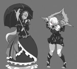 Rule 34 | 2girls, ahoge, belt, black belt, breasts, briar (league of legends), closed mouth, colored sclera, crossover, detached sleeves, dress, fangs, finger to mouth, frilled dress, frills, full body, gothic lolita, grey background, greyscale, hair between eyes, highres, holding, holding umbrella, knees, league of legends, legs, lolita fashion, long dress, long hair, long sleeves, looking at another, medium breasts, monochrome, multiple girls, no pupils, no shoes, overlord (maruyama), pointy ears, ponytail, red eyes, red sclera, shalltear bloodfallen, sidelocks, simple background, standing, stirrup legwear, toeless legwear, toes, tsuchu (opyatetalali), umbrella, vampire, white eyes, wrist cuffs