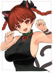 Rule 34 | 1girl, :d, animal ears, blunt bangs, blush, braid, breasts, cat ears, cat tail, claw pose, covered erect nipples, dress, fang, hamaburicchi, kaenbyou rin, looking at viewer, multiple tails, nail polish, nekomata, open mouth, red eyes, red hair, red nails, smile, solo, tail, touhou, twin braids, twintails, two tails, unfinished, upper body