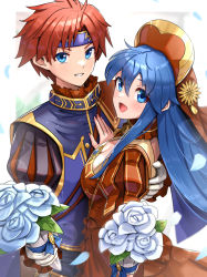 Rule 34 | 1boy, 1girl, blue eyes, blue hair, breasts, cleavage, couple, fire emblem, fire emblem: the binding blade, flower, gloves, gonzarez, hetero, highres, lilina (fire emblem), lilina (valentine) (fire emblem), long hair, nintendo, open mouth, red hair, roy (fire emblem), roy (valentine) (fire emblem), short hair, small breasts, white gloves