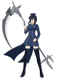 Rule 34 | 1girl, black eyes, black footwear, black hair, blue dress, boots, breasts, dress, full body, hair between eyes, hat, holding, holding weapon, log horizon, looking at viewer, medium breasts, official art, round table concil uniform, scythe, short dress, short hair with long locks, sidelocks, solo, standing, takayama misa, thigh boots, thighhighs, transparent background, uniform, weapon, zettai ryouiki