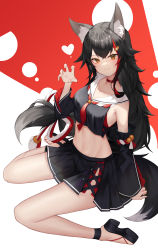 Rule 34 | 1girl, absurdres, animal ears, aoria, bare legs, bare shoulders, black footwear, black hair, black shirt, black skirt, breasts, choker, claw pose, crop top, detached sleeves, hand up, highres, hololive, long hair, long sleeves, looking at viewer, medium breasts, midriff, miniskirt, multicolored hair, navel, ookami mio, ookami mio (1st costume), orange eyes, pleated skirt, red choker, sailor collar, sandals, shirt, side slit, sitting, skirt, smile, solo, stomach, streaked hair, tail, thighs, very long hair, virtual youtuber, wariza, wolf ears, wolf girl, wolf tail