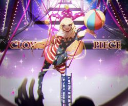 Rule 34 | 1girl, :d, american flag dress, american flag legwear, ball, blonde hair, character name, circus, clownpiece, fairy wings, frilled shirt collar, frills, full body, hat, jester cap, long hair, looking at viewer, no-kan, open mouth, out of frame, pantyhose, pink eyes, polka dot, print legwear, print pantyhose, short sleeves, smile, solo focus, star (symbol), star print, touhou, very long hair, wings