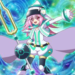 Rule 34 | 1girl, cape, duel monster, hat, maiko (mimi), open mouth, pantyhose, pink eyes, pink hair, smile, solo, tuning fork, tuning magician, yu-gi-oh!, yu-gi-oh! arc-v