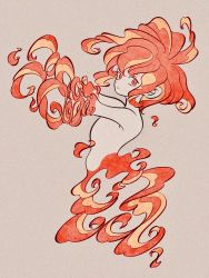 Rule 34 | 1girl, cropped arms, cropped torso, expressionless, fiery hair, film grain, fire, highres, long hair, looking at viewer, nude, original, red eyes, red hair, sepia background, simple background, solo, uzuta