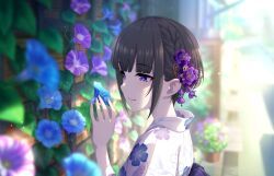 Rule 34 | 1girl, black hair, blunt bangs, blurry, blurry background, braid, depth of field, floral print, flower, hair flower, hair ornament, idolmaster, idolmaster cinderella girls, idolmaster cinderella girls starlight stage, japanese clothes, kimono, light smile, looking at flowers, morning glory, official art, outdoors, purple eyes, shirayuki chiyo, solo, upper body, yukata