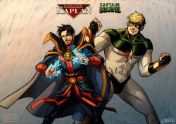 Rule 34 | 2boys, aged up, alternate design, aura, beard stubble, black hair, blonde hair, bodysuit, brown hair, clenched hands, covered abs, cris art, eye mask, facial hair, feet out of frame, green bodysuit, high collar, hulkling, male focus, marvel, multiple boys, muscular, muscular male, mustache stubble, pectorals, short hair, side-by-side, sideburns, smile, standing, stubble, superhero costume, telekinesis, thick eyebrows, white bodysuit, wiccan