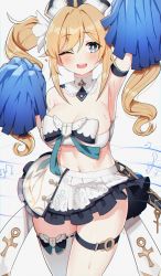 Rule 34 | 1girl, absurdres, adapted costume, arm up, armband, armpits, bandeau, barbara (genshin impact), bare shoulders, blonde hair, blue eyes, book, bow, breasts, cheerleader, cleavage, cowboy shot, detached collar, frilled skirt, frills, genshin impact, grimoire, hair ornament, hat, highres, holding, large breasts, long hair, looking at viewer, midriff, miniskirt, navel, one eye closed, open mouth, pleated skirt, pom pom (cheerleading), sidelocks, simple background, single thighhigh, skindentation, skirt, smile, solo, standing, strapless, sweat, thigh strap, thighhighs, thighs, tube top, twintails, vision (genshin impact), w.k, wavy hair, white background, white bow, white hat, white skirt, white thighhighs