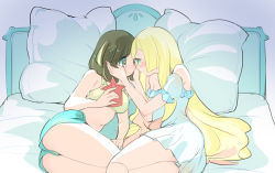 Rule 34 | 2girls, alternate breast size, alternate costume, ass, bare shoulders, bed, blonde hair, blush, bra, breasts, brown eyes, brown hair, chorimokki, creatures (company), dress, eye contact, female focus, game freak, gen 4 pokemon, green eyes, green shorts, hand up, hands on another&#039;s face, hands up, holding, indoors, legs together, lillie (pokemon), long hair, looking at another, lying, medium breasts, multiple girls, nintendo, off shoulder, on bed, on side, pajamas, panties, panty peek, pillow, poke ball symbol, pokemon, pokemon (creature), pokemon sm, rotom, rotom dex, selene (pokemon), short hair, short shorts, short sleeves, shorts, tank top, underwear, upshorts, white dress, yellow bra, yellow panties, yuri