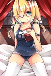 Rule 34 | 10s, 1girl, aqua eyes, argyle, bad id, bad pixiv id, blonde hair, book, glasses, hat, holding, holding book, i-8 (kancolle), kantai collection, looking at viewer, mitoki 6x6, one-piece swimsuit, one eye closed, red-framed eyewear, school swimsuit, short twintails, sitting, smile, solo, swimsuit, thighhighs, twintails, white thighhighs, wink