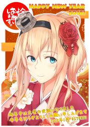 Rule 34 | 1girl, 2018, blonde hair, blue eyes, crown, floral print, highres, japanese clothes, kantai collection, kimono, long hair, looking at viewer, mini crown, new year, osterei, ponytail, red kimono, smile, solo, upper body, warspite (kancolle)