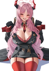 Rule 34 | 1girl, absurdres, belt, black belt, black coat, black gloves, blue archive, breasts, cleavage, coat, fujioni, gloves, halo, hands up, highres, horns, large breasts, long sleeves, looking at viewer, mole, mole on breast, necktie, parted bangs, pink hair, red eyes, red garter straps, red necktie, red thighhighs, satsuki (blue archive), simple background, sitting, smile, solo, thighhighs, thighs, white background