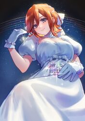 Rule 34 | 1girl, aoi rokushou, blue eyes, blush, bow, brown hair, choker, frilled gloves, frills, gloves, hair behind ear, hair bow, hand on own wrist, highres, kaname buccaneer, looking at viewer, lying, macross, macross delta, on back, puffy short sleeves, puffy sleeves, short hair, short sleeves, smile, solo, space, sparkle, star (sky), twitter username, white bow, white choker, white gloves