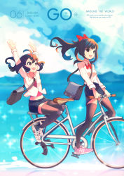 Rule 34 | 2girls, absurdres, arms up, bicycle, black hair, black legwear, blush, bow, day, hair bow, highres, long hair, medium hair, multiple girls, open mouth, original, outdoors, pink footwear, ponytail, red bow, riding, riding bicycle, shoes, smile, sneakers, soar, thighhighs, white footwear