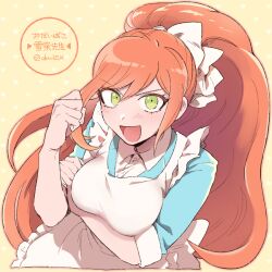 Rule 34 | 1girl, :d, apron, blush, bow, breasts, clenched hand, collared shirt, danganronpa (series), danganronpa 3 (anime), dress shirt, green eyes, green shirt, hair bow, hand on own arm, hand up, large breasts, long hair, maid, open mouth, orange hair, ponytail, shimada (dmisx), shirt, smile, translation request, white apron, white bow, yukizome chisa
