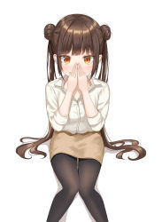 Rule 34 | 1girl, absurdres, black pantyhose, blunt bangs, brown eyes, brown hair, collared shirt, covering own mouth, double bun, feet out of frame, hair bun, hands up, highres, knees together feet apart, long hair, looking at viewer, office lady, original, pantyhose, pencil skirt, shirt, sitting, skirt, twintails, white background, white shirt, yj