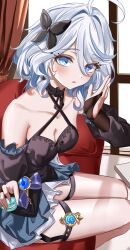 Rule 34 | 1girl, absurdres, ahoge, alternate costume, bare shoulders, black bow, black dress, blue eyes, blue gemstone, blue hair, bow, breasts, bridal gauntlets, cleavage, dress, drop-shaped pupils, furina (genshin impact), gem, genshin impact, grey hair, hair bow, highres, long sleeves, looking at viewer, mismatched pupils, multicolored hair, parted lips, short hair, sitting, small breasts, solo, symbol-shaped pupils, thigh strap, vayneeeee, vision (genshin impact)