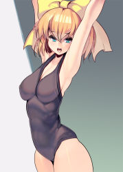 Rule 34 | 1girl, armpits, arms up, blonde hair, blue eyes, bow, breasts, grey background, hair between eyes, hair bow, kouno (masao), looking at viewer, medium breasts, one-piece swimsuit, open mouth, original, school swimsuit, short hair, simple background, solo, standing, swimsuit, yellow bow