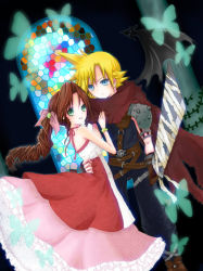 Rule 34 | 1990s (style), 1boy, 1girl, aerith gainsborough, blonde hair, blue eyes, bracelet, braid, brown hair, bug, butterfly, cloud strife, dress, final fantasy, final fantasy vii, gloves, green eyes, hair ribbon, insect, jewelry, kingdom hearts, long dress, long hair, pink dress, ponytail, retro artstyle, ribbon, scarf, single braid, square enix, stained glass, sword, weapon, wings, yume ryoryo