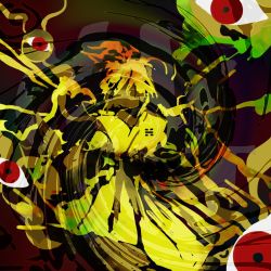 Rule 34 | 1other, abstract background, commentary, electricity, eyeball, highly responsive to prayers, highres, japanese clothes, kaigen 1025, kimono, looking at viewer, ponytail, red eyes, silhouette, solo, touhou, touhou (pc-98), transparent, trigram, yellow theme, yuugenmagan