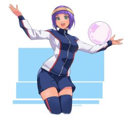Rule 34 | 1girl, :d, amado (shin), artist name, blue jacket, blue shorts, blue thighhighs, blunt bangs, bob cut, breasts, circlet, cowboy shot, cropped legs, crystal ball, dark-skinned female, dark skin, green eyes, jacket, long sleeves, looking at viewer, medium breasts, menat, official alternate costume, open mouth, outstretched arms, purple hair, short hair, shorts, smile, solo, spread arms, standing, street fighter, thighhighs, track jacket, track suit, white background