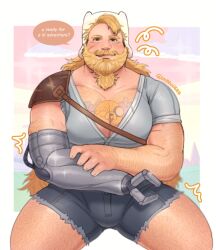 Rule 34 | 1boy, :q, adventure time, aged up, bara, beard, blonde hair, bulge, chest tattoo, come hither, denim, denim shorts, english text, facial hair, feet out of frame, finn the human, highres, large pectorals, long beard, looking at viewer, male focus, mature male, mechanical arms, momo (imaboii666), muscular, muscular male, pectoral cleavage, pectoral squeeze, pectorals, seductive smile, short hair, shorts, single mechanical arm, sitting, smile, solo, sparkle, spread legs, tattoo, thick eyebrows, thick thighs, thighs, tongue, tongue out