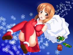 Rule 34 | 1girl, blue background, boots, brown eyes, brown hair, commentary request, convenient censoring, doutanuki, dress, elbow gloves, gift, girls und panzer, gloves, gradient background, highres, holding, holding sack, legs, light blush, looking at viewer, medium hair, nishizumi miho, open mouth, over shoulder, partial commentary, red dress, red footwear, red gloves, red thighhighs, sack, santa boots, santa costume, santa dress, short dress, short hair, sleeveless, sleeveless dress, snowflakes, solo, thighhighs, torn sack