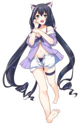 Rule 34 | 1girl, :d, animal ear fluff, animal ears, bare shoulders, barefoot, bikini, bikini under clothes, black bikini, black hair, blush, bow, cat ears, cat girl, cat tail, collarbone, commentary request, fang, fingernails, green eyes, gucchiann, hair between eyes, hair bow, hand up, highres, jacket, karyl (princess connect!), karyl (summer) (princess connect!), low twintails, multicolored hair, navel, off shoulder, open clothes, open fly, open mouth, open shorts, princess connect!, purple bow, purple jacket, ringlets, short shorts, short sleeves, shorts, sidelocks, simple background, smile, soles, solo, streaked hair, swimsuit, tail, thigh strap, twintails, v-shaped eyebrows, white background, white hair, white shorts