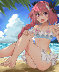 Rule 34 | 1boy, absurdres, artist request, astolfo (fate), beach, bikini, crossdressing, fate/apocrypha, fate/grand order, fate (series), feet, highres, male focus, outdoors, pink hair, purple eyes, ribbon, source request, swimsuit, tagme, trap, v